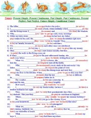 Tenses: Present Simple, Present Continuous, Past Simple, Past Continuous, Present Perfect, Past Perfect, Conditional (Type1), Conditional (Type2).