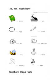 English worksheet: Articles  a  an 