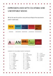 English worksheet: QUANTITIES EXPRESSION USED WITH COUNTABLE AND UNCONTABLE NOUNS