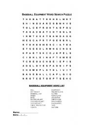 English Worksheet: Baseball Equipment Word Search