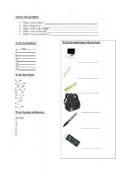 English worksheet: objects, numbers, colours,days of the week
