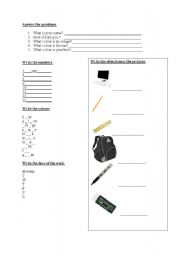 English Worksheet: objects, numbers, colours,days of the week