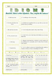 English Worksheet: --*--*--*-- Idioms 05! --*-- Animals --*-- Definitions + Exercise --*-- BW Included --*--*--*-- FULLY EDITABLE WITH KEY! 