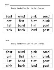English worksheet: Ending Blends Word Sort