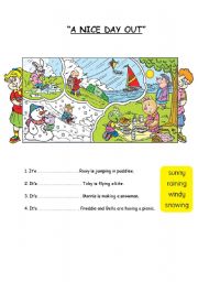 English Worksheet: Weather Conditions & Present Continuous