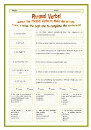 English Worksheet: > Phrasal Verbs Practice 79! > --*-- Definitions + Exercise --*-- BW Included --*-- Fully Editable With Key! 