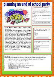 English Worksheet: Planning an end of school party