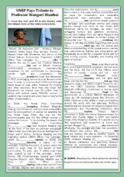 English Worksheet: UNEP Pays Tribute to Professor Wangari Maathai