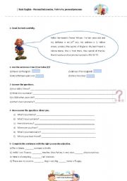 English Worksheet: Basic exercises - verb to be, personal pronouns, possessive adjectives, countries and nationalities, numbers