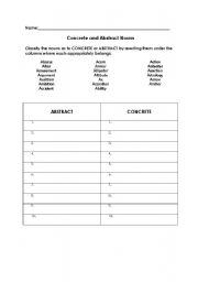 English worksheet: Concrete and Abstract Nouns