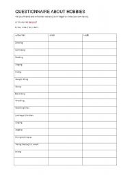 English worksheet: questionnaire about hobbies