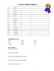 English worksheet: Practice Ordinal Numbers