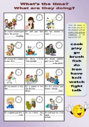 English Worksheet: Whats the time? What are they doing?