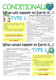 English Worksheet: CONDITIONALS TYPE 1 AND 2 (greyscale + key included) - THE ENVIRONMENT