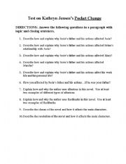English Worksheet: Test on Kathryn Jensens novel called Pocket Change