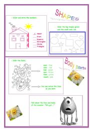 English Worksheet: shapes, body parts