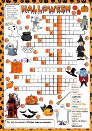 English Worksheet: Halloween - CROSSWORD (Greyscale + KEY included)