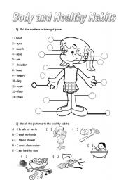 English Worksheet: body parts and healthy habits