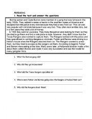 English worksheet: READING BONNIE AND CLYDE