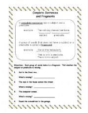 English worksheet: Sentences and Fragment Exercise