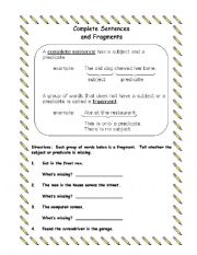 English Worksheet: Sentences and Fragment Exercise