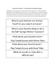 English worksheet: Discussion Questions - Favorites and Personal Information