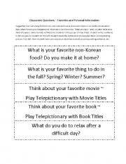 English Worksheet: Discussion Questions - Favorites and Personal Information