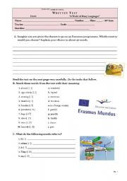 English Worksheet: TEST - 10th grade ERASMUS EXCHANGE PROGRAMME (key included)