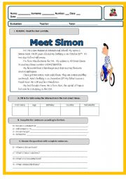 English Worksheet: 1st test- 6th grade -Meet Simon!