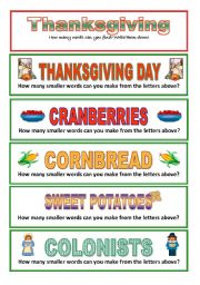 English Worksheet: Thanksgiving: How many smaller words can you make? (3 pages)