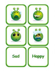 English Worksheet: Emotions with Green Alien Faces Memory Cards and More