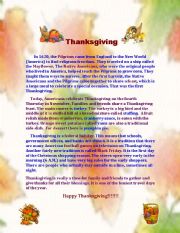 English Worksheet: Thanksgiving Reading and Two Worksheets