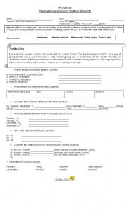 English Worksheet: Worksheet: reading comprehension cultural elements