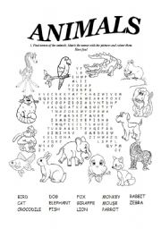 English Worksheet: Animals wordsearch