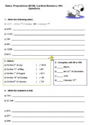 English Worksheet: Dates; Prepositions IN/ON; Cardinal Numbers; WH-Questions