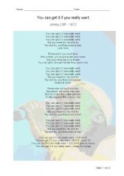 English worksheet: Song: Jimmy Cliff - You can get it if you really want