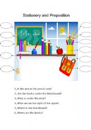 English Worksheet: stationery and preposition