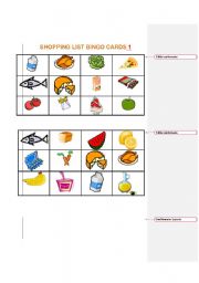 English Worksheet: SHOPPING LIST BINGO 1