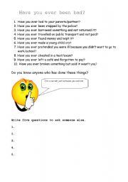 English Worksheet: Have you ever been bad?