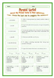 English Worksheet: > Phrasal Verbs Practice 72! > --*-- Definitions + Exercise --*-- BW Included --*-- Fully Editable With Key!