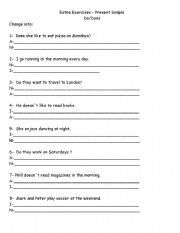 English Worksheet: Make Negative, Interrogative or Affirmative Sentences With DO and DOES