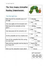 English Worksheet: the very hungry caterpillar reading comprehension
