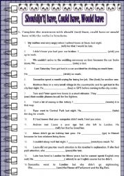 English Worksheet: SHOULD(NT) HAVE- COULD(NT) HAVE-  WOULD(NT) HAVE EXERCISES WITH KEY