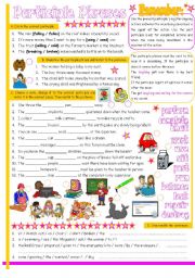 English Worksheet: Participle Phrases (-ing and -ed participles used as adjectives, both by themselves and in phrases). 1 Page + Answer Key.
