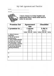 English Worksheet: My Oath Agreement and Checklist.