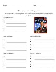 English Worksheet: Features of News Magazines Notetaking Sheet