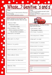 English Worksheet: possessive s (with key)