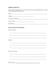 English worksheet: Getting to Know You, Middle School Questions 