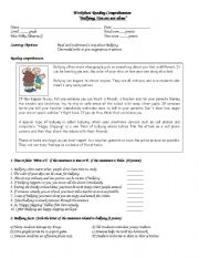 English Worksheet: Worksheet Reading Comprehension  Bullying; You are not alone