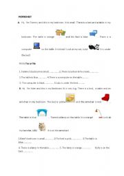 English worksheet: Prepositions, there is/are, colours